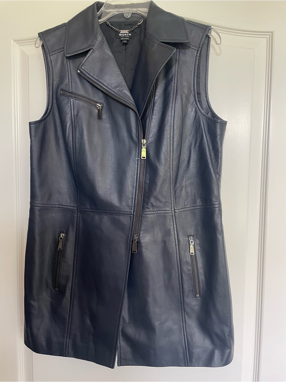 Worth Women’s Navy Leather Sleeveless Zip-Front Vest